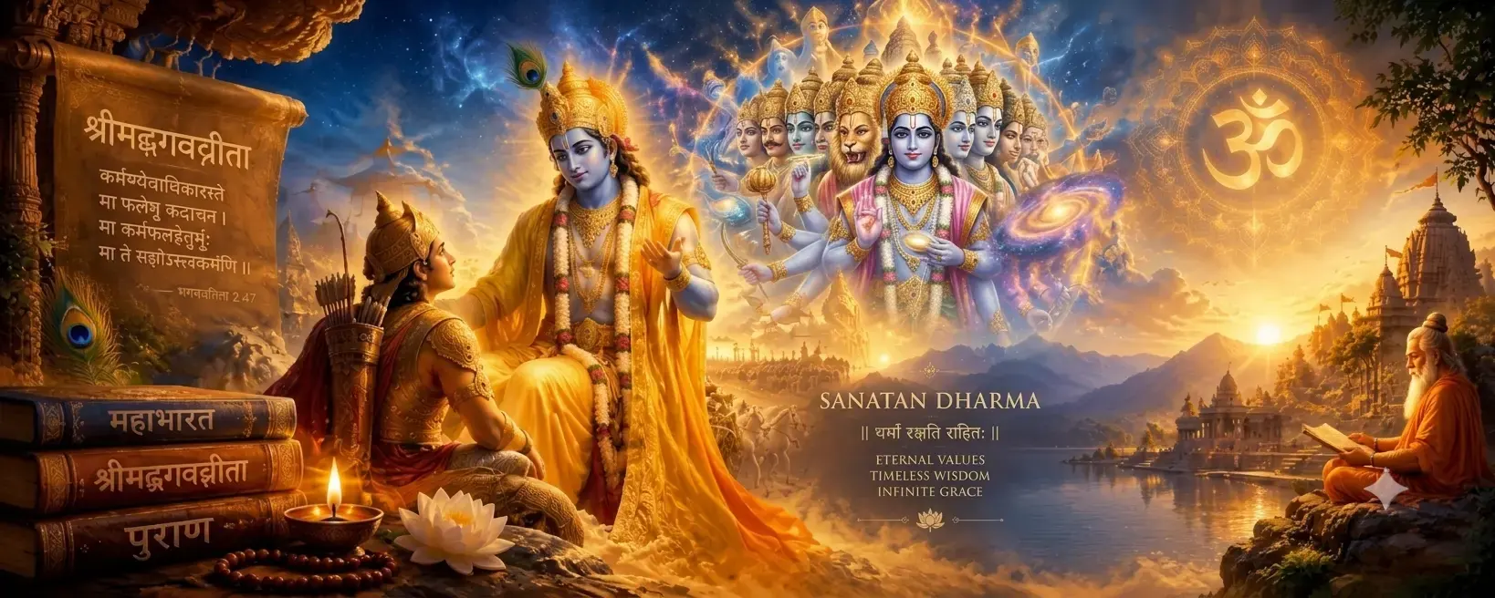 Shri Krishna gives the Bhagavad Gita to Arjuna, with his Vishvarupa in the sky, ॐ in the sun and a rishi reading by the river